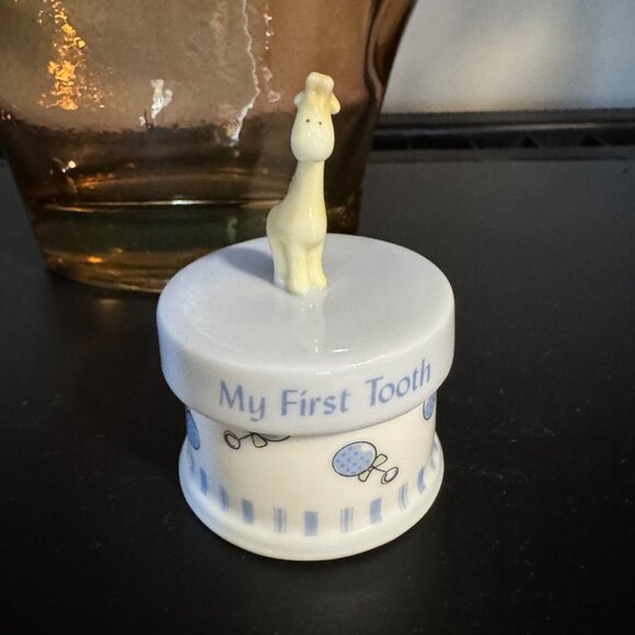 Russ Ceramic Round My First Tooth Baby Keepsake Trinket Jar With Giraffe Topper - Picture 2 of 9